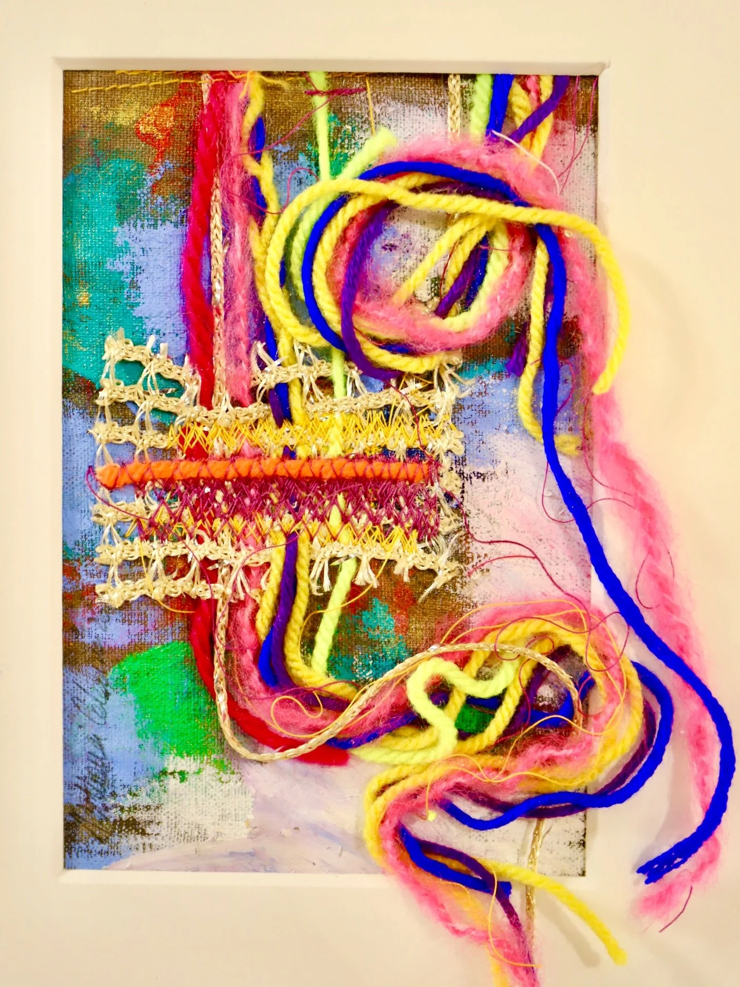 Bloom, (Her Garden) | Contemporary Mixed Media Art

A vivid tangle of neon threads and layered color blooms like a flower through wild soil. This original mixed media artwork combines textile art, abstract painting, and sculptural texture to express 