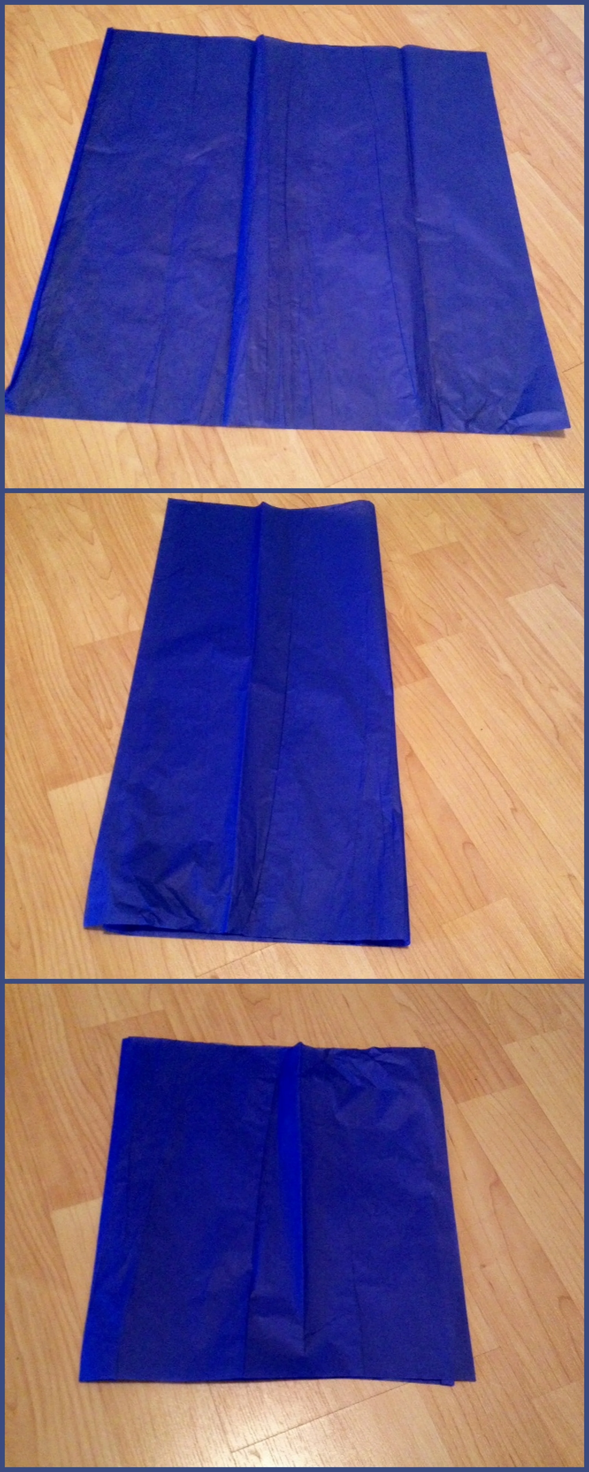 Step 1: Take one piece of tissue paper and fold it in half. Then cut it in half.