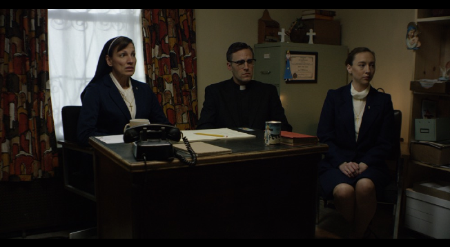  From left to right: Milica Govich Vukasovich as Sr. Margaret, Jonathan C. Stewart as Bishop Thomas Gumbleton, Alysia Kolascz as Sr. Elizabeth. 