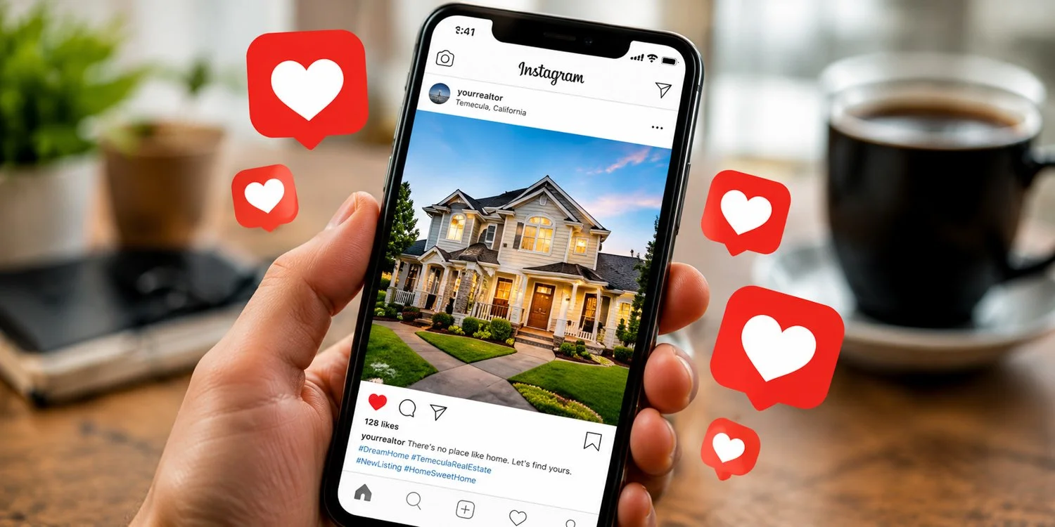 Smartphone displaying real estate social media content with engagement icons.
