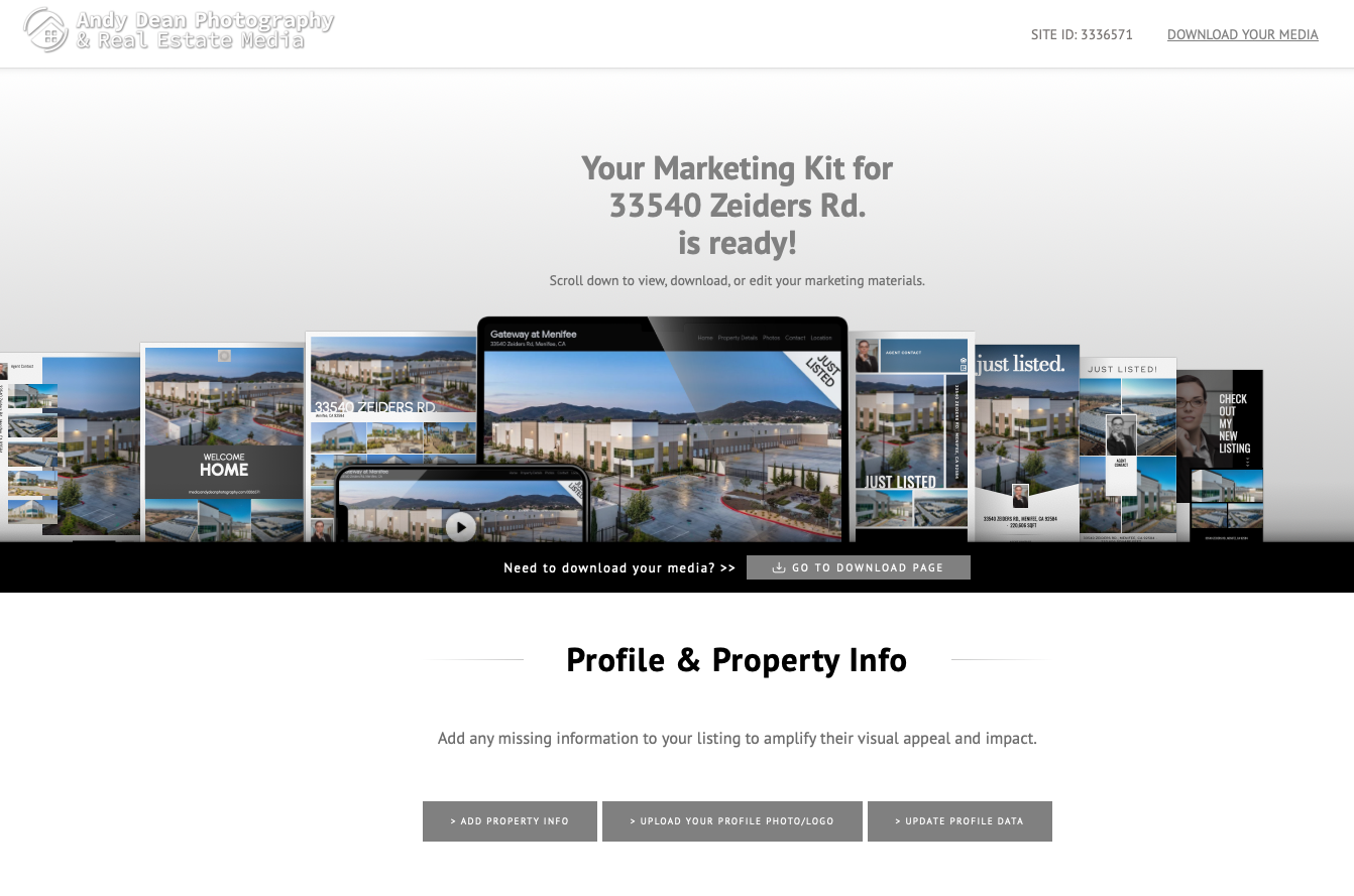 Screenshot of agent's Marketing Kit website section for 33540 Zeider Rd., showing a property website, social media graphics, listing materials, and other ready-to-use marketing assets automatically populated with the property's photography and media.