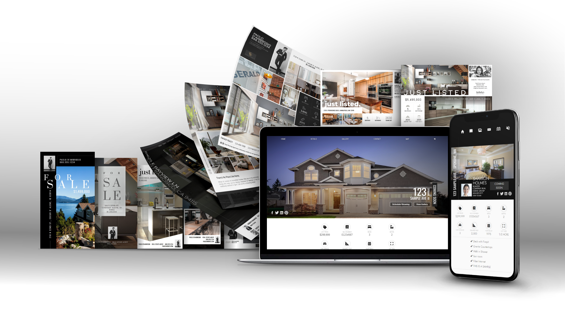 Complete Listing Marketing Suite showing a professional property website, social media graphics, flyers, brochures, and marketing materials included with Andy Dean Photography’s real estate photography services.