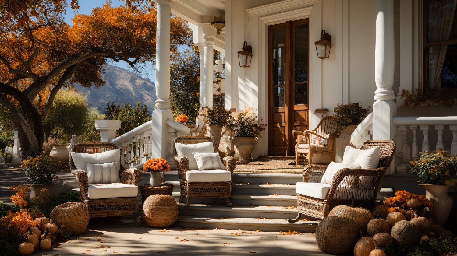 Decorated front porch with seasonal fall decor and welcoming outdoor lifestyle setting.