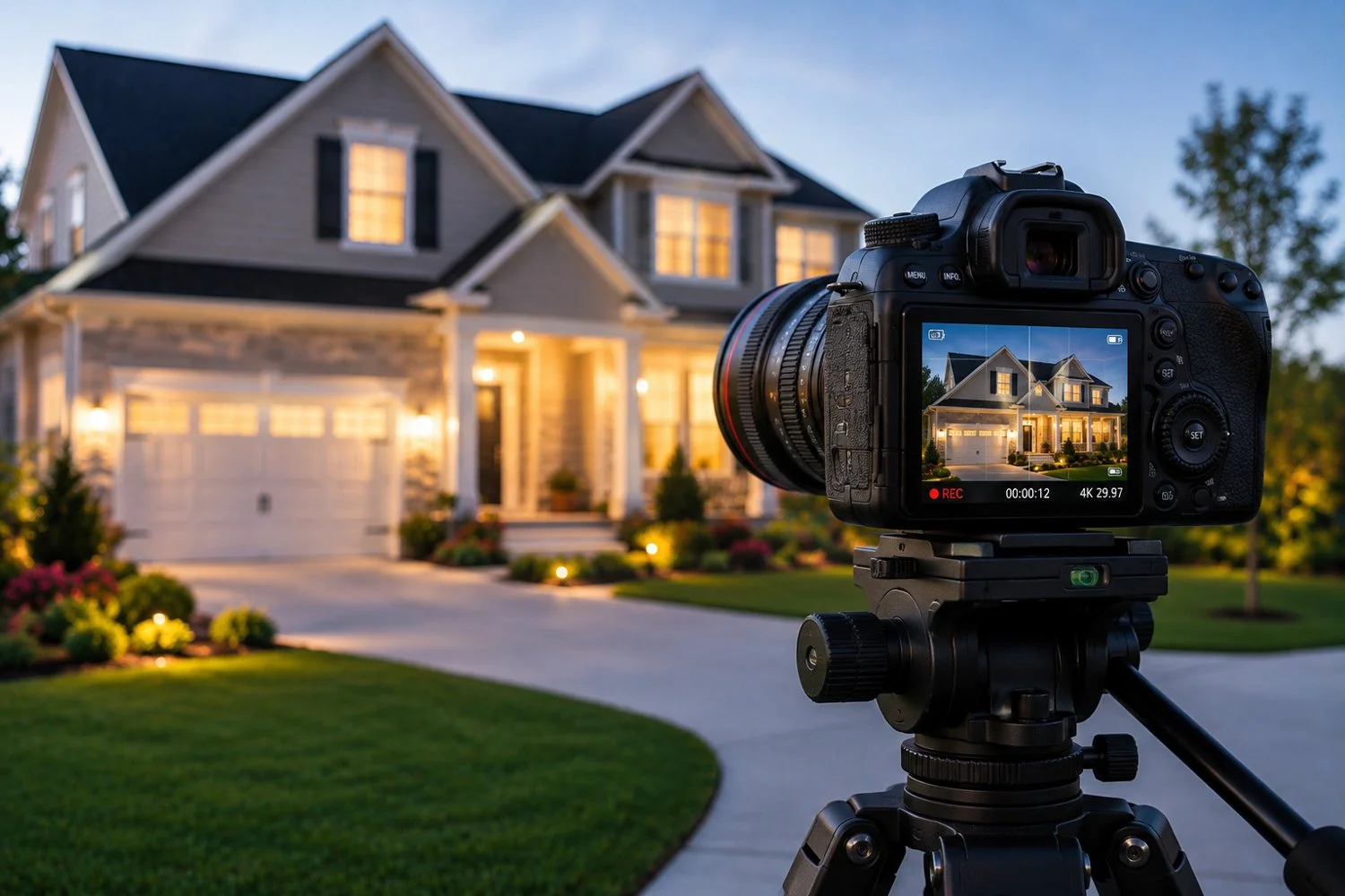 Professional camera filming a luxury home exterior at twilight.