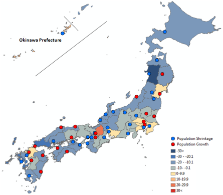 Map 2 . Population Change in Japan by Prefecture and Prefectural Capital City in Percent, 1990 (Actual) to 2030 (Projected). Source: National Population Census, Various Years; NIPSSR .
