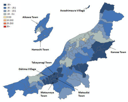 Map 5 . Population Change in Niigata Prefecture by Municipality in Percent (2000 Boundaries), 2010 (Projected) to 2030 (Projected). Source: Higashide (2008); Niigata ken (2009); Niigata ken Website .