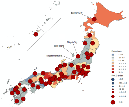 1950-1970: Expansion Map 6 . Population Change in Japan by Prefecture and Prefectural Capital City in Percent, 1950–1970. Source: National Population Census, Various Years.