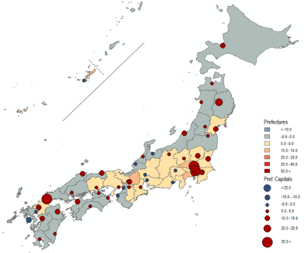 1990-2010: Stagnation Map 8 . Population Change in Japan by Prefecture and Prefectural Capital City in Percent, 1990 (Actual) to 2010 (Projected). Source: National Population Census, Various Years; NIPSSR .