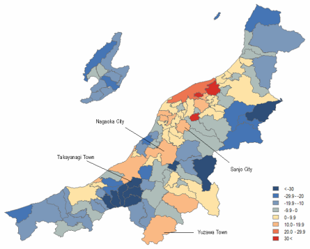 Map 11 . Population Change in Niigata Prefecture by Municipality in Percent (2000 Boundaries), 1970–1990. Source: Higashide (2008); Niigata ken (2009); Niigata ken Website .
