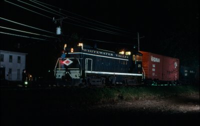  After a return to Connersville, an evening trip returned to Metamora for a series of night photos with the train finally returning to Connersville at 2 AM. Thanks are due to all the crew members of the Whitewater Valley! 