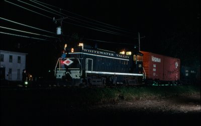 After a return to Connersville, an evening trip returned to Metamora for a series of night photos with the train finally returning to Connersville at 2 AM. Thanks are due to all the crew members of the Whitewater Valley!