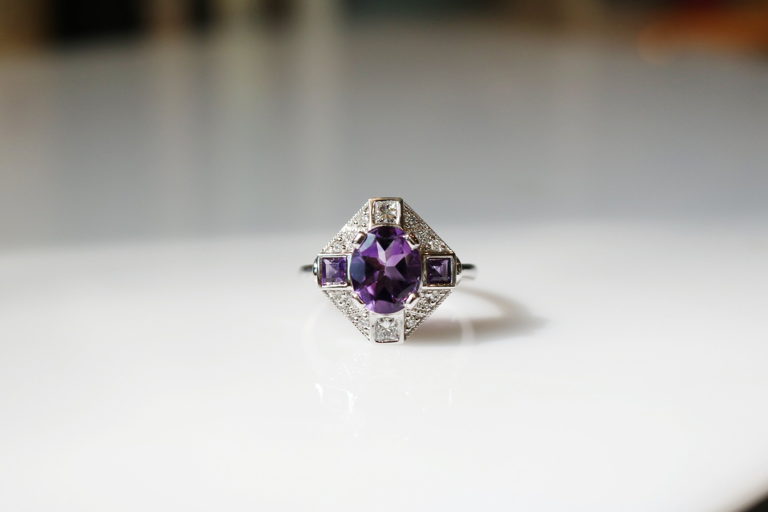 Hilary Statement Ring - Client amethysts + white diamonds + 14k white gold