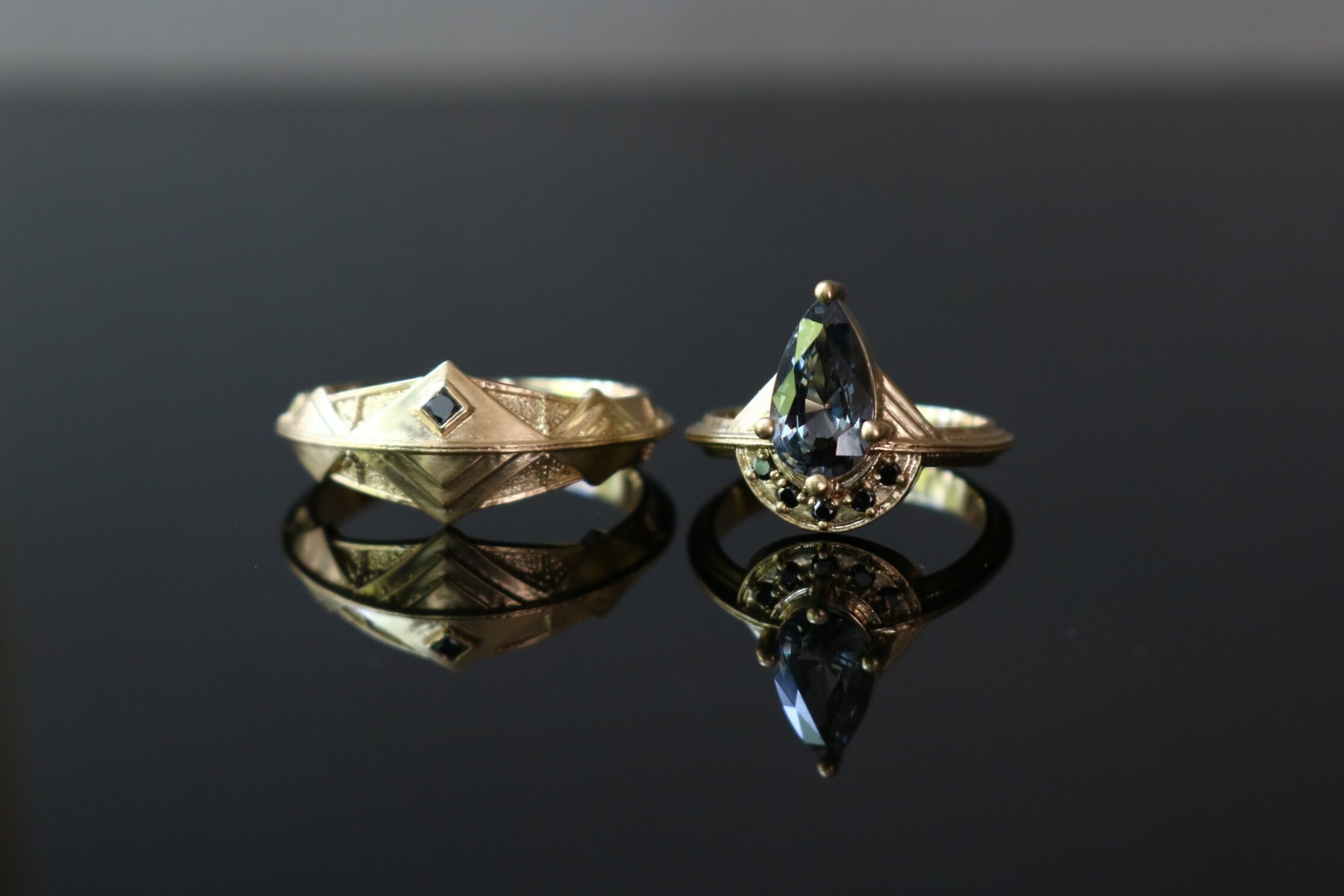 Claudia + Max Wedding Rings - 1.34ct Spinel + black diamonds + 14k yellow gold