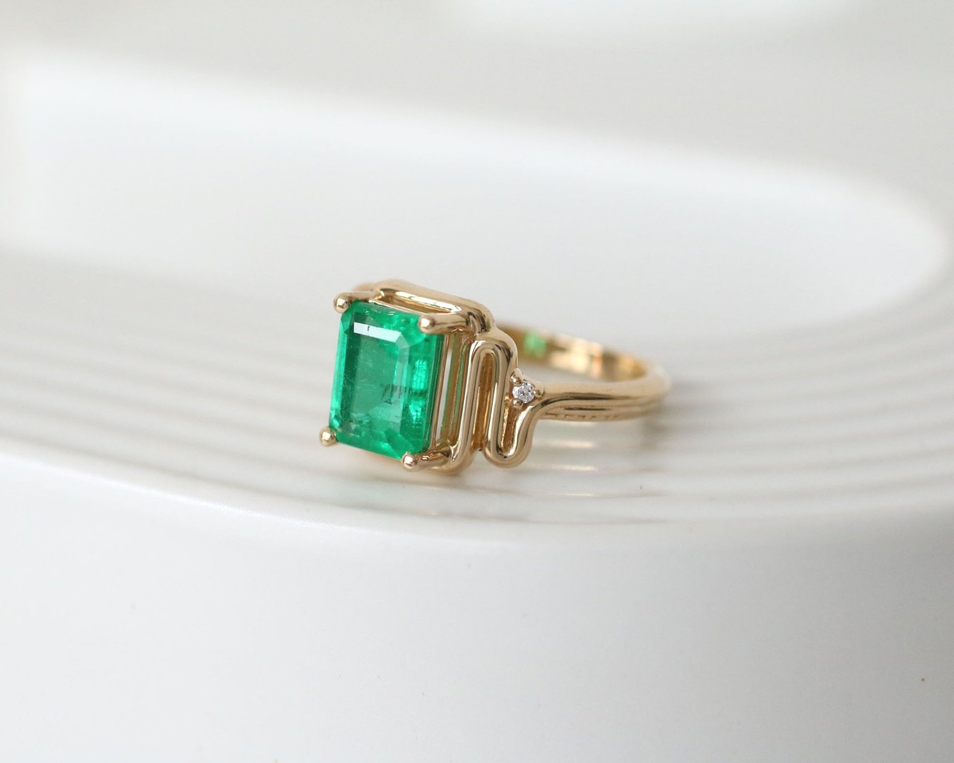 Leslie engagement ring - 1.92ct Emerald + Lab Diamonds + 14k yellow gold