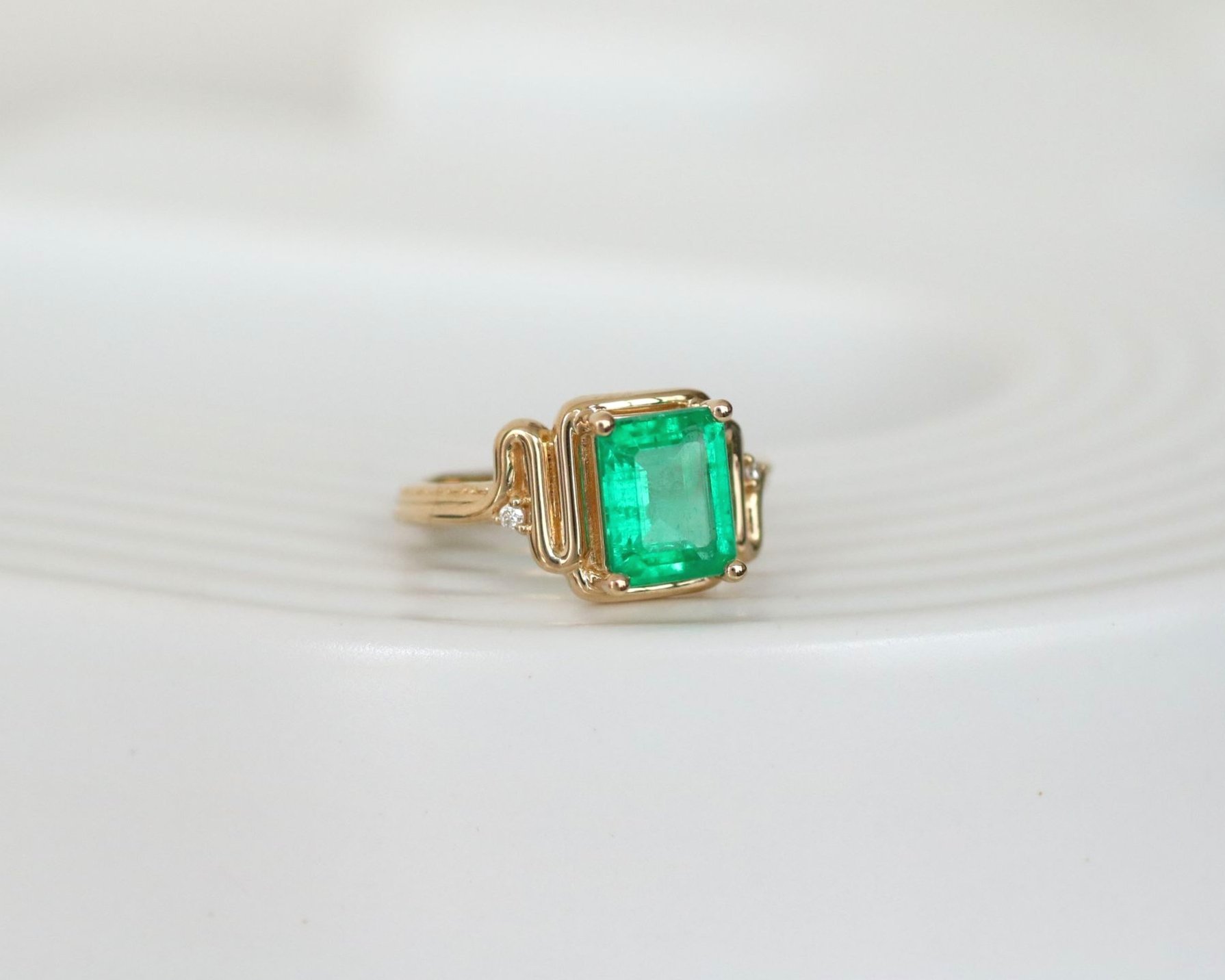 Leslie engagement ring - 1.92ct Emerald + Lab Diamonds + 14k yellow gold
