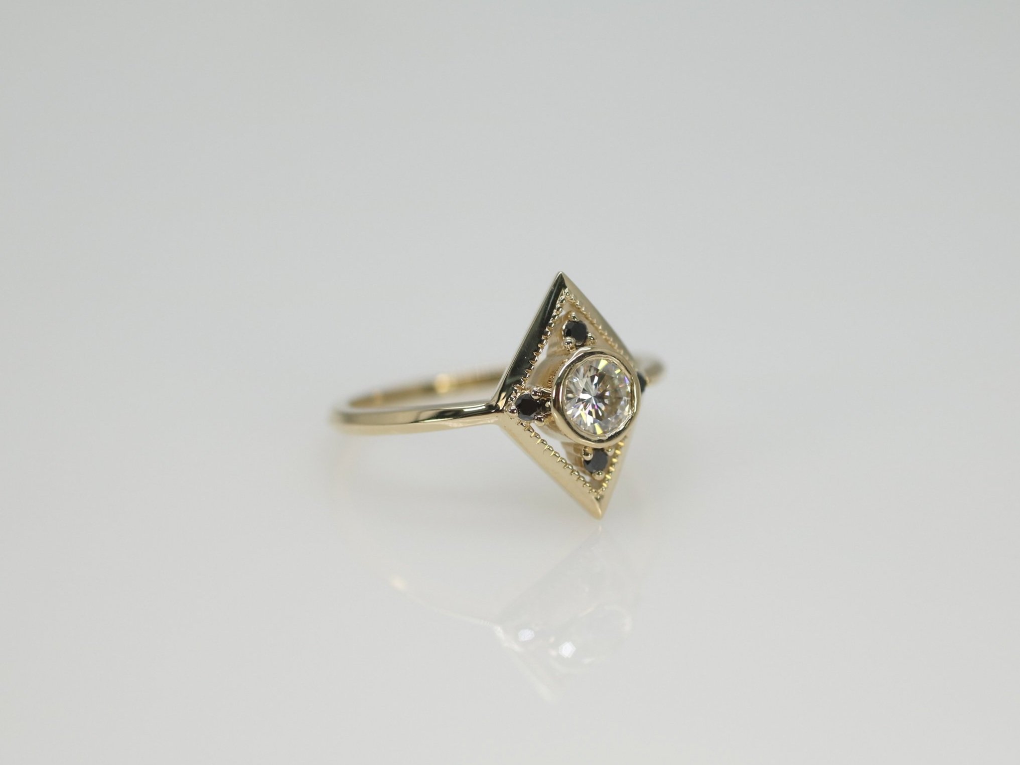 Emma engagement ring - Moissanite + Black Diamonds + 14k yellow gold