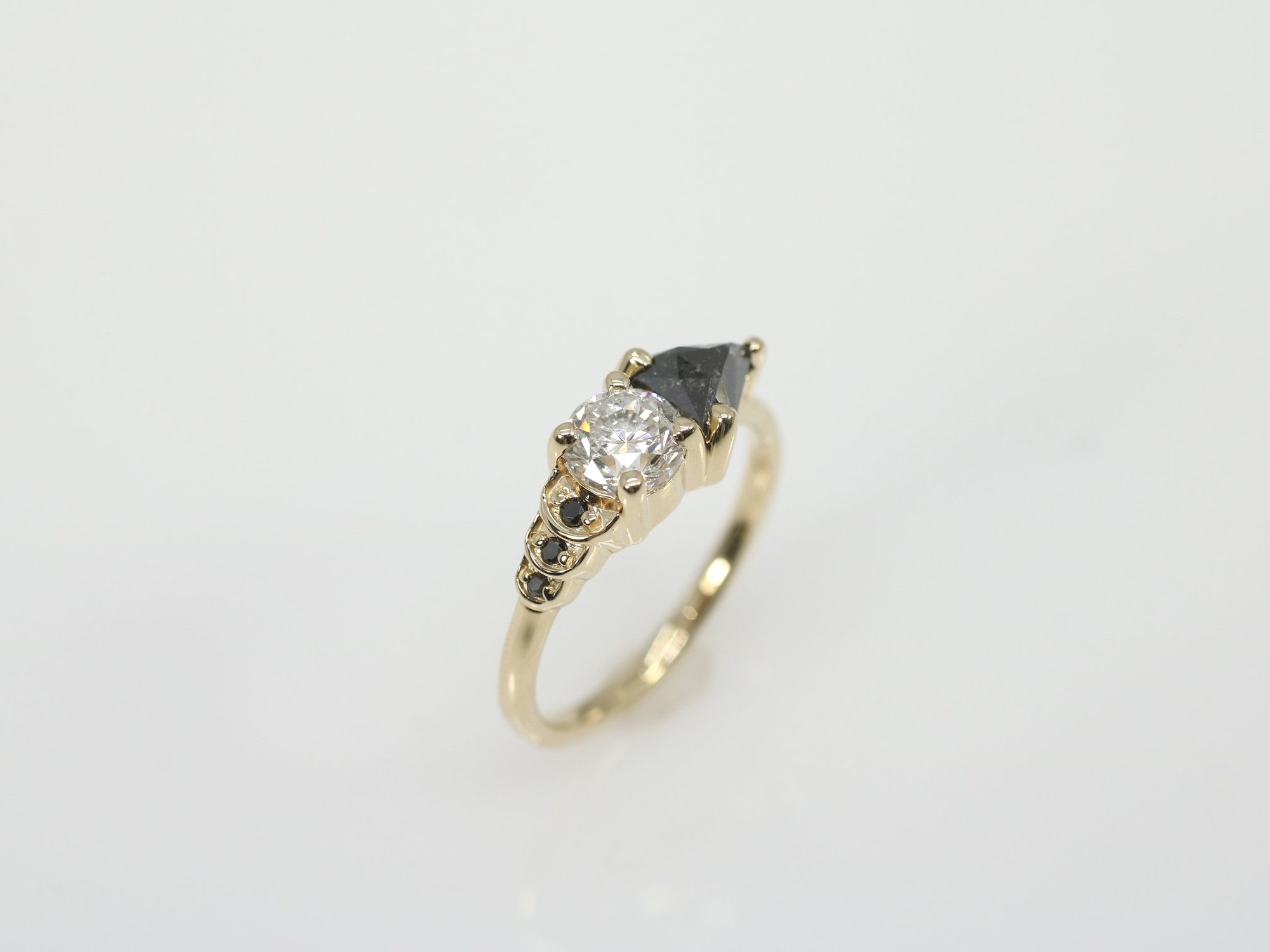 Cailyn engagement ring - Black shield diamond + round heirloom diamond + black diamond accents + 14k yellow gold