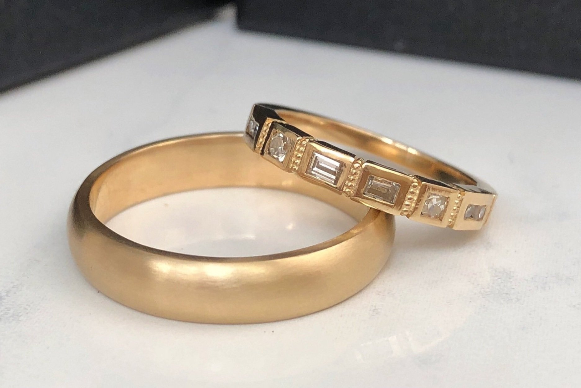 Liz + Ben Wedding Bands - Client diamonds + 14k yellow gold