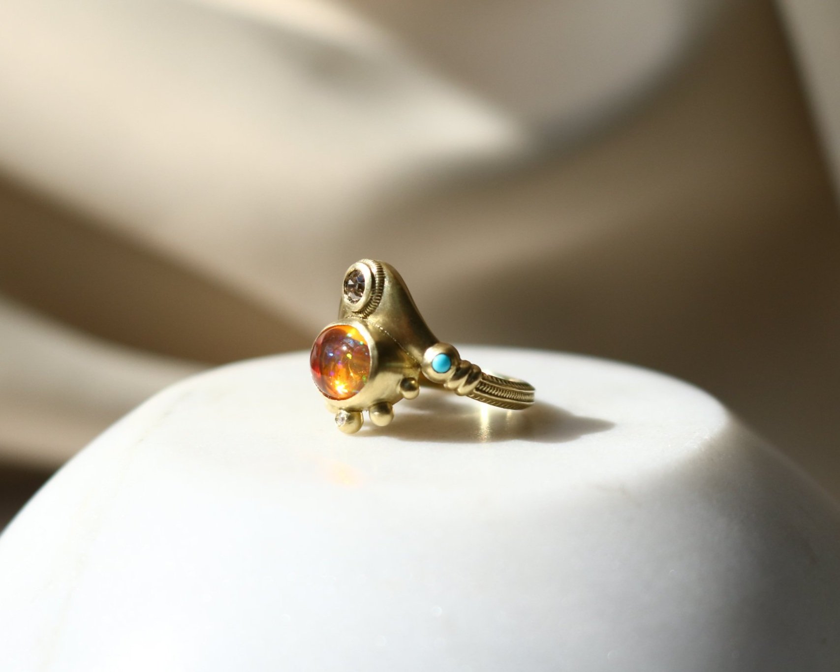 Katie Wedding Ring - Fire opal + Heirloom diamond + turquoise + diamond accent + 18k yellow gold