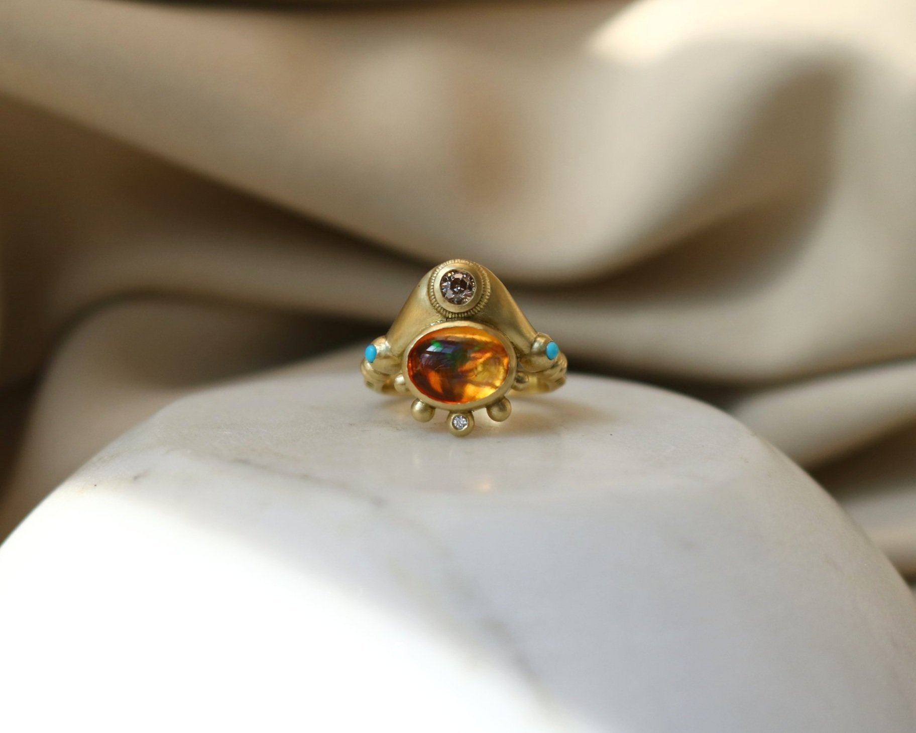 Katie Wedding Ring - Fire opal + Heirloom diamond + turquoise + diamond accent + 18k yellow gold