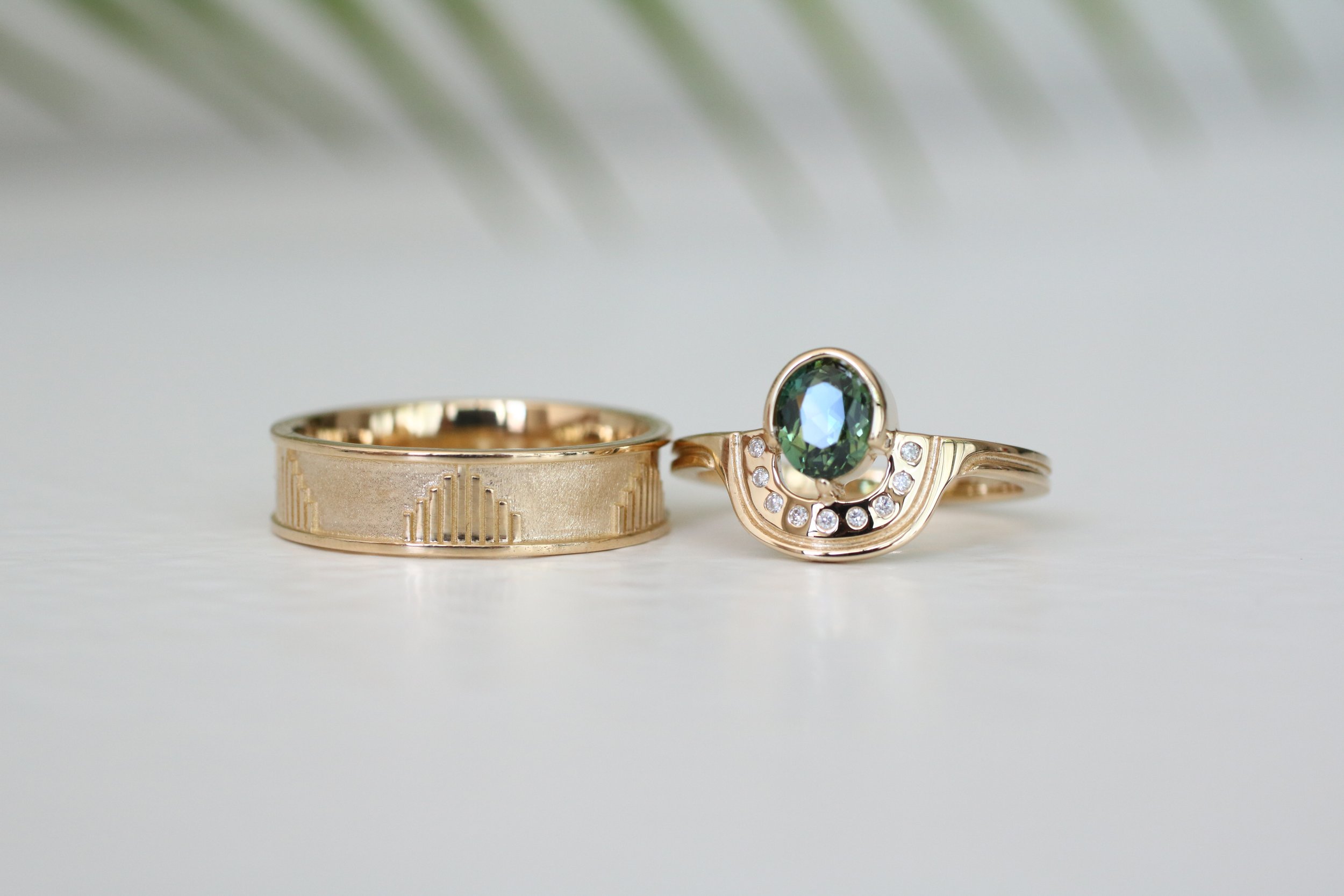 Kait + Tyler wedding rings - Green sapphire + diamonds + 14k yellow gold