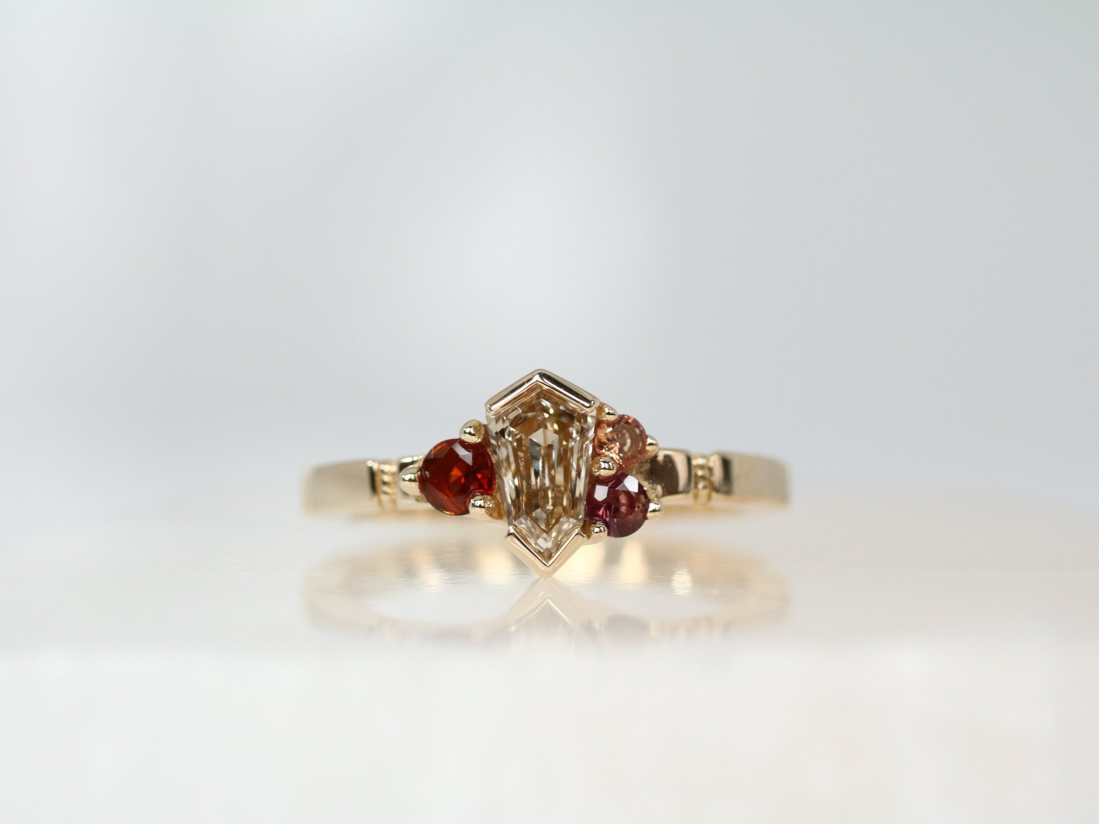 Amy birthstone ring - champagne shield diamond + ruby + sapphire + citrine