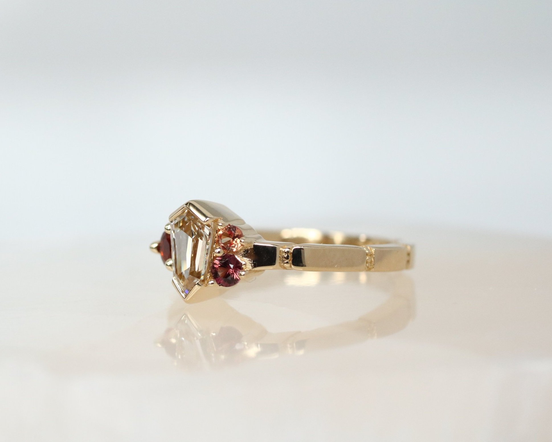 Amy birthstone ring - champagne shield diamond + ruby + sapphire + citrine