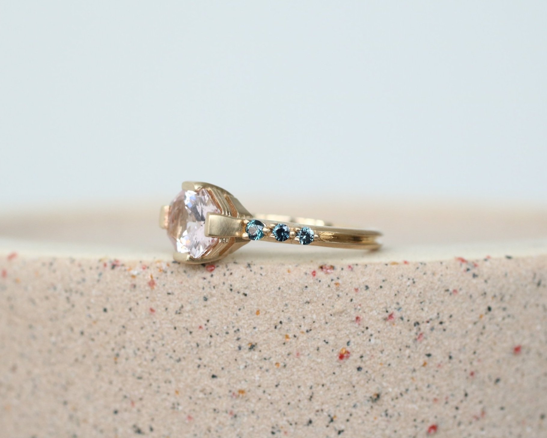 Kat engagement ring - Morganite center stone + grey spinel accents + 14k yellow gold
