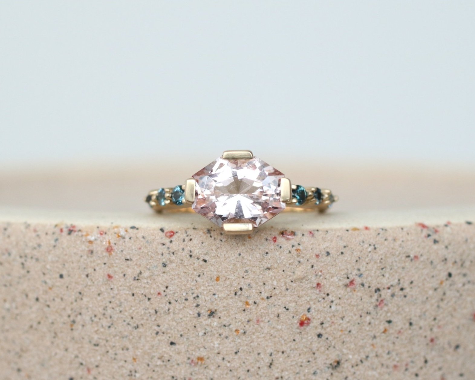 Kat engagement ring - Morganite center stone + grey spinel accents + 14k yellow gold