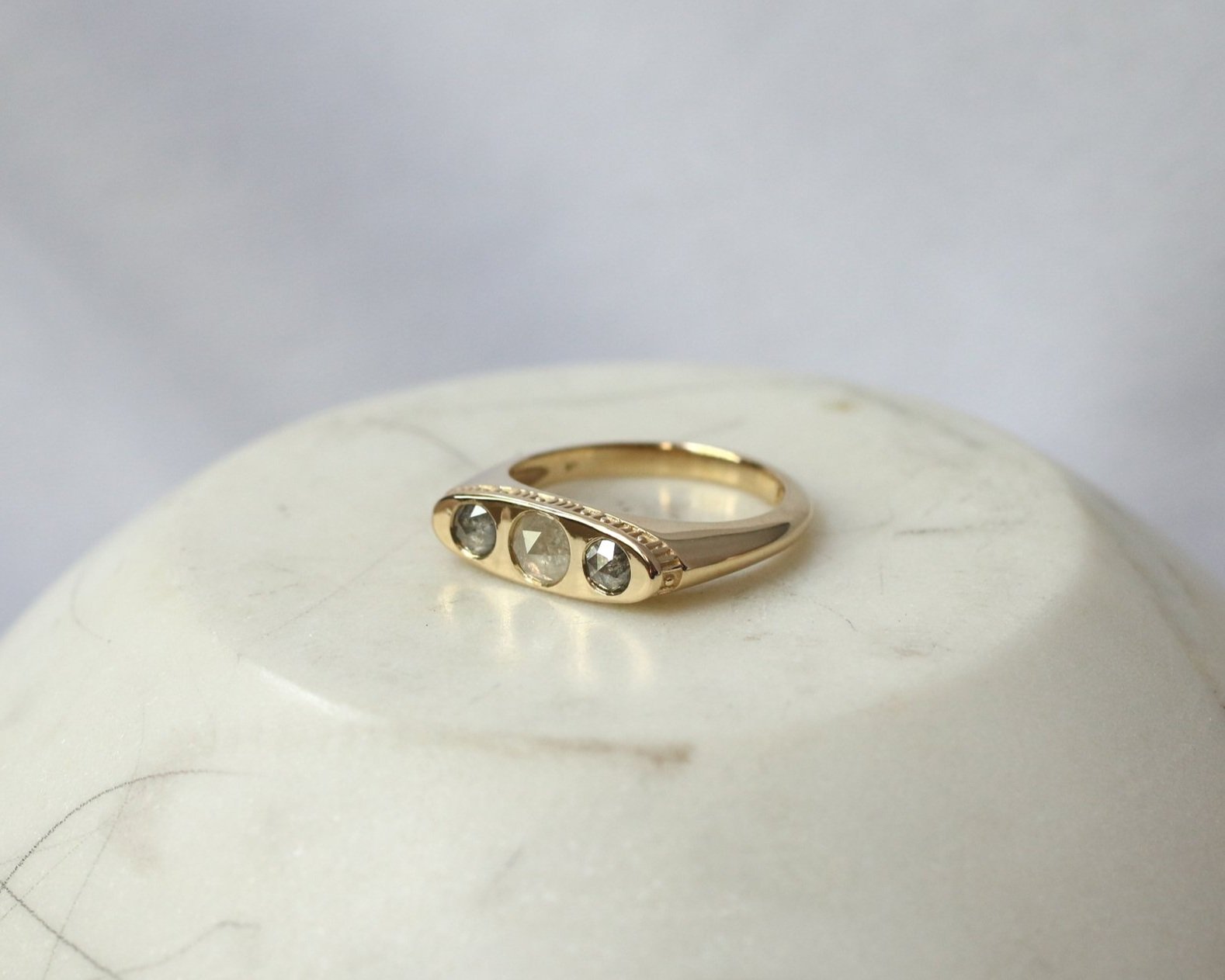 Don Mother's Ring - icy white + salt n' pepper rose cut diamonds + 14k yellow gold