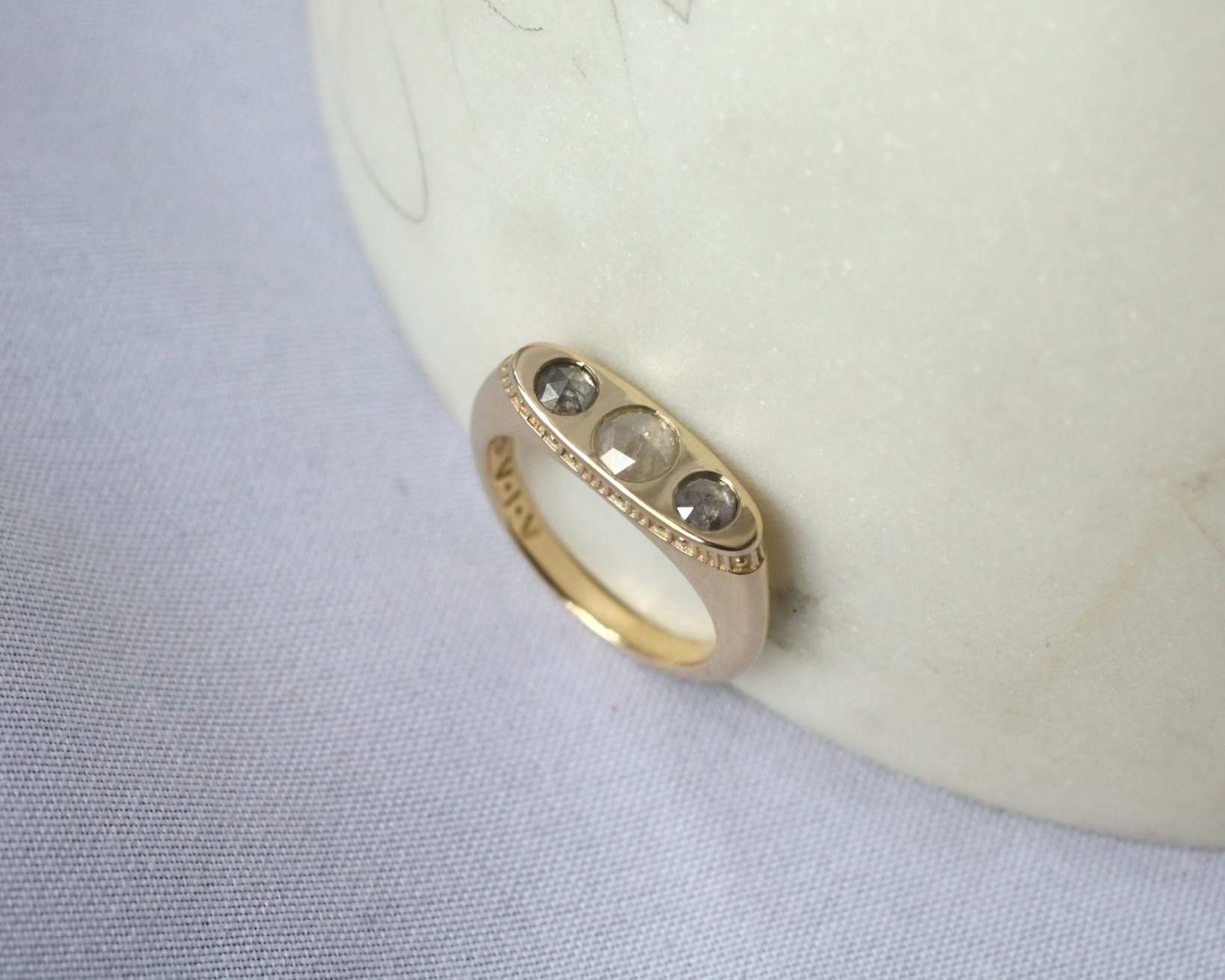 Don Mother's Ring - icy white + salt n' pepper rose cut diamonds + 14k yellow gold