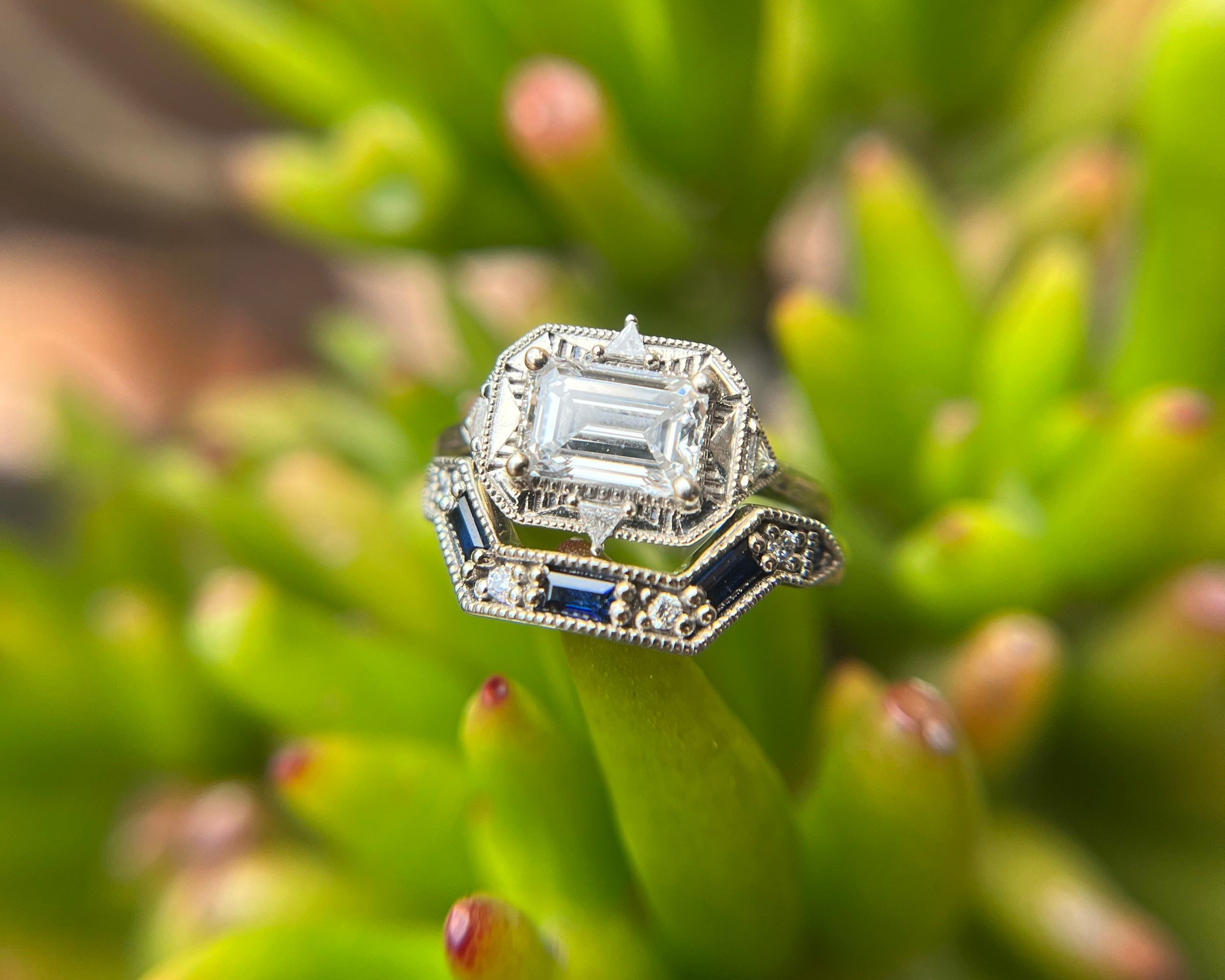 Dorna wedding set - 1.13ct Emerald cut lab diamond + natural triangle diamonds + lab blue sapphire baguettes + 14k white gold