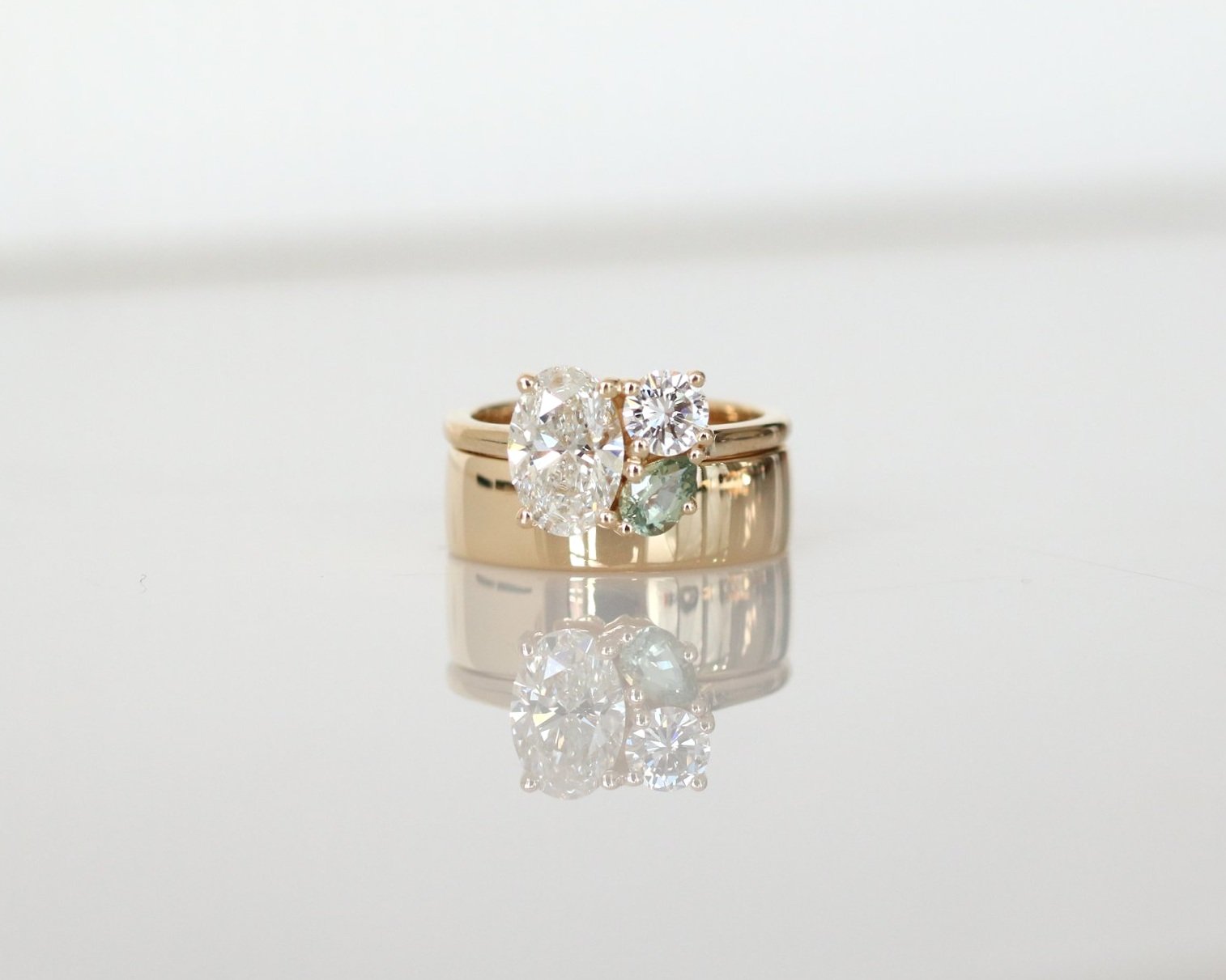 Glennie Wedding set - 1.2ct natural oval diamond + heirloom diamond + green Montana sapphire pear + 14k yellow gold