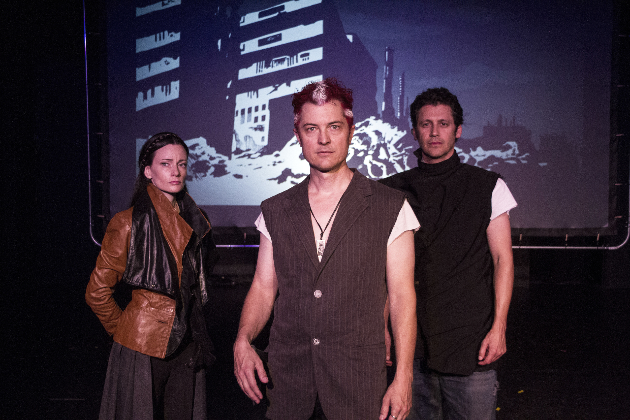 Casey McKinnon (Marcellus), Jacob Sidney (Hamlet), and Andy Hirsch (Horatio). Photo courtesy of Kim Gottlieb-Walker .