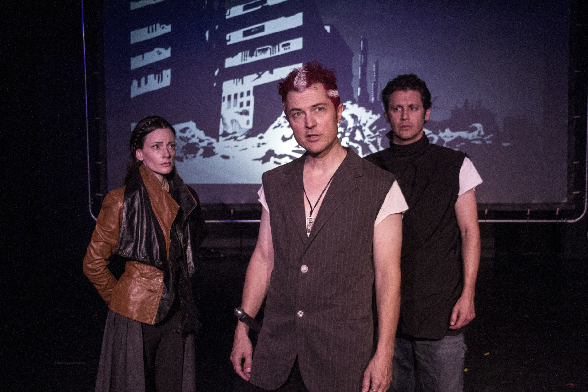  Casey McKinnon (Marcellus), Jacob Sidney (Hamlet), and Andy Hirsch (Horatio). Photo courtesy of&nbsp; Kim Gottlieb-Walker . 