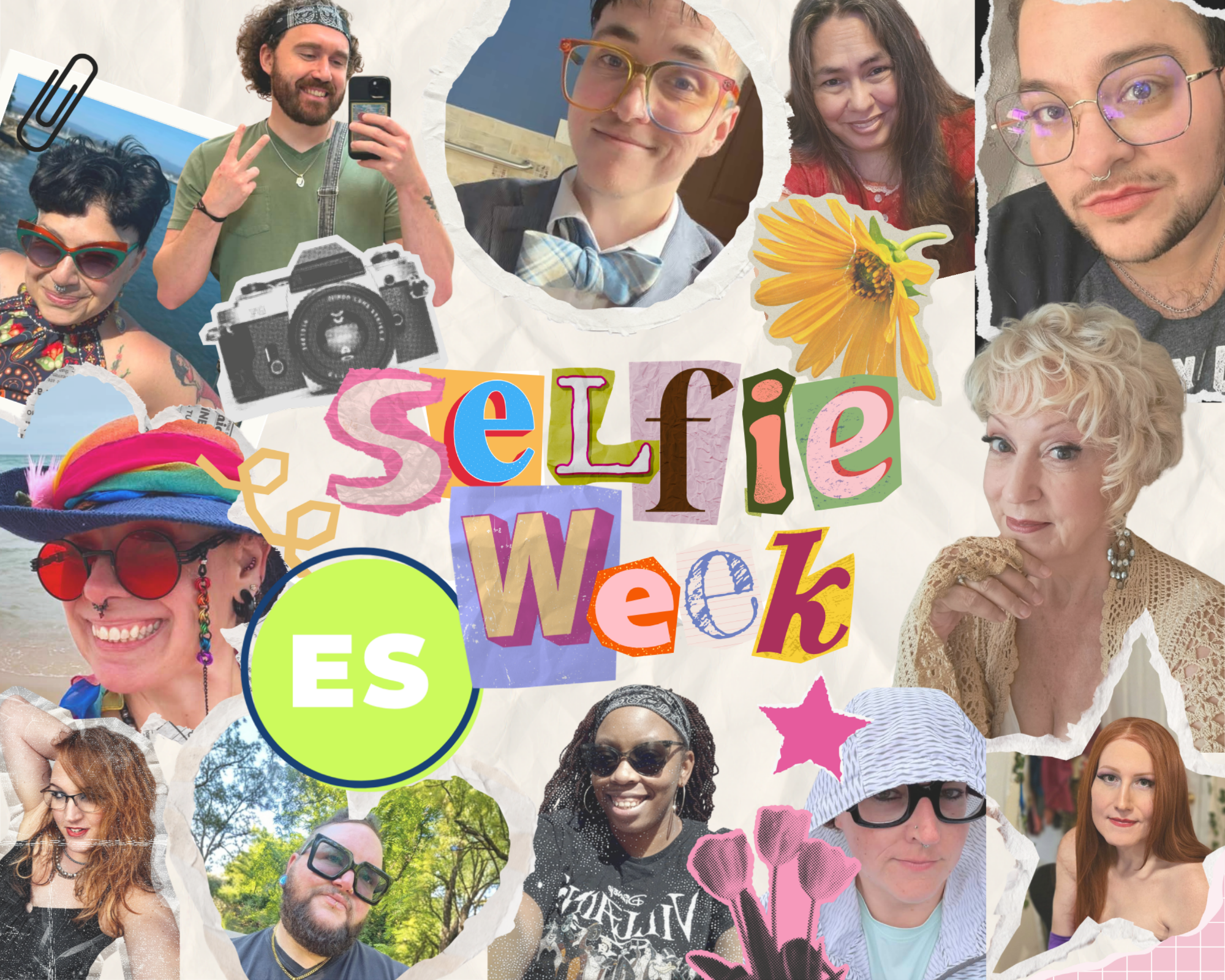 A collage of selfies by cutie pie folks, with magazine-style cut out letters spelling Selfie Week in the center
