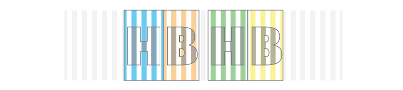 The H and B on the right are the alternate forms of the of the H and B on the left. Notice that the stripes are completely flipped. These show the actual stripe placement from TextTile which are shifted half a stripe's width to the left. This was done to improve pattern placement within the letter. The boxes help show the bounds of the letters.
