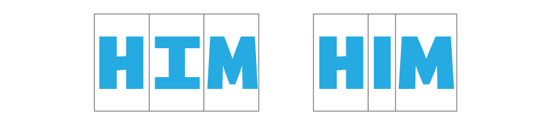 The monospaced letters on the left have equal widths but the awkward proportions and coloring are improved by the proportional letterforms on the right.