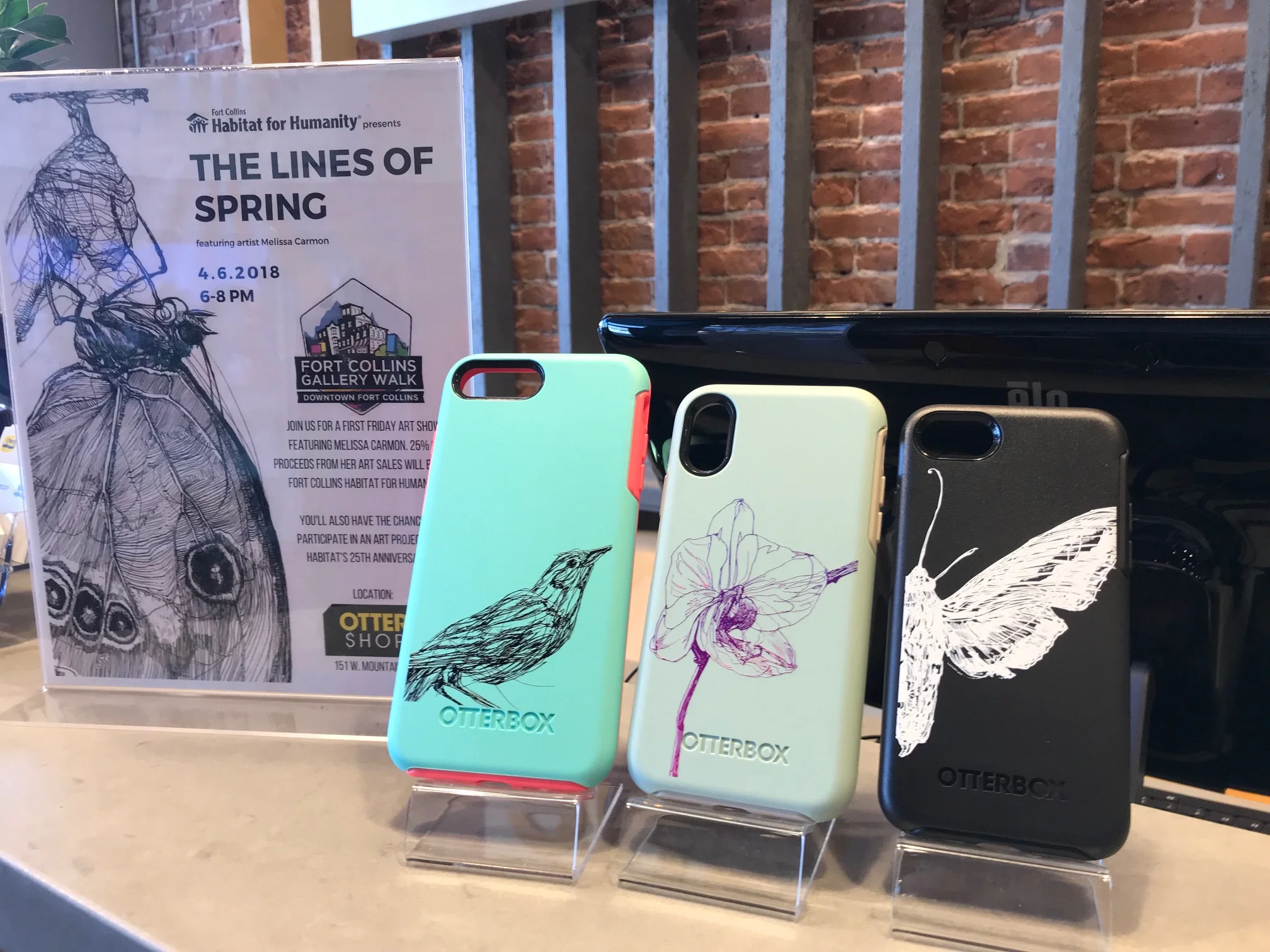 The Lines of Spring- Print show and art pop-up on April 6, 2018. Art by Melissa Carmon engraved on Otterbox phone cases