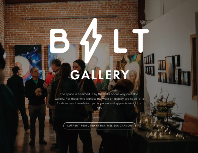 A picture from an opening for Melissa Carmon as the landing page for Bolt Gallery. Photo credit: Krista Tippmann