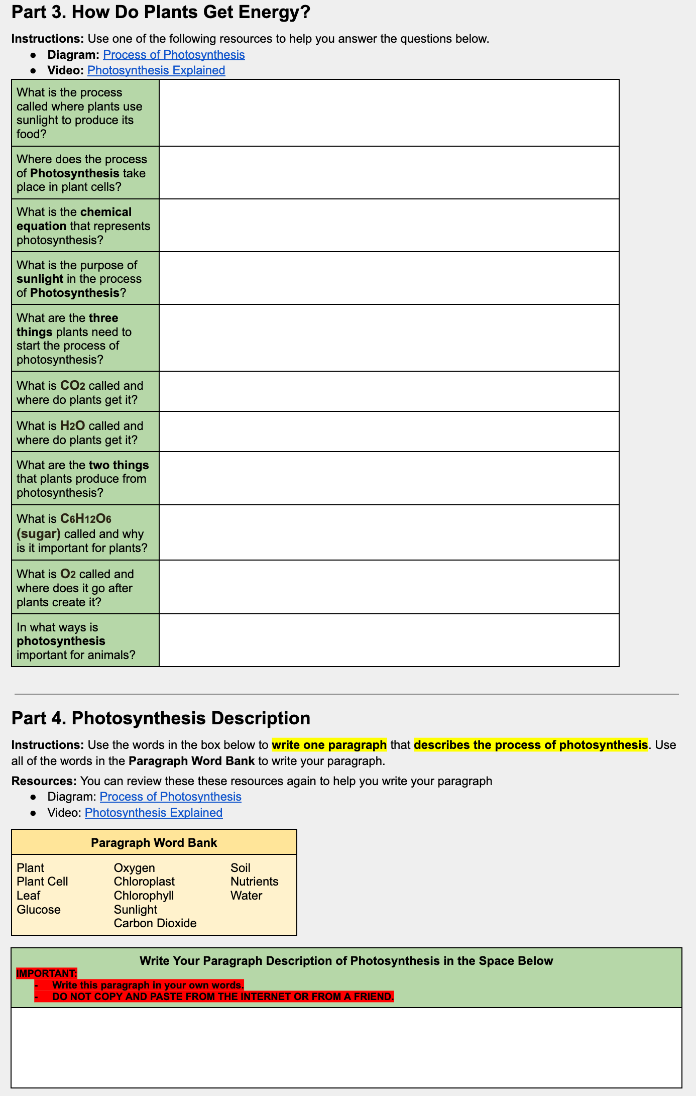 Student-Facing Photosynthesis Worksheet