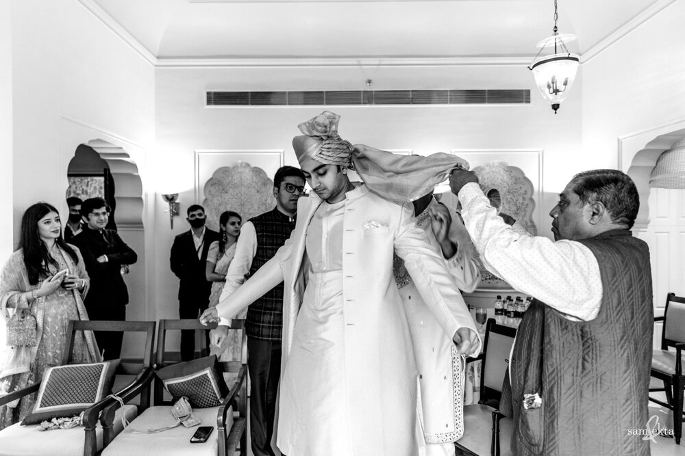 A groom usually gets ready on his own, Shivam did too, but he had a sizeable audience observing the process