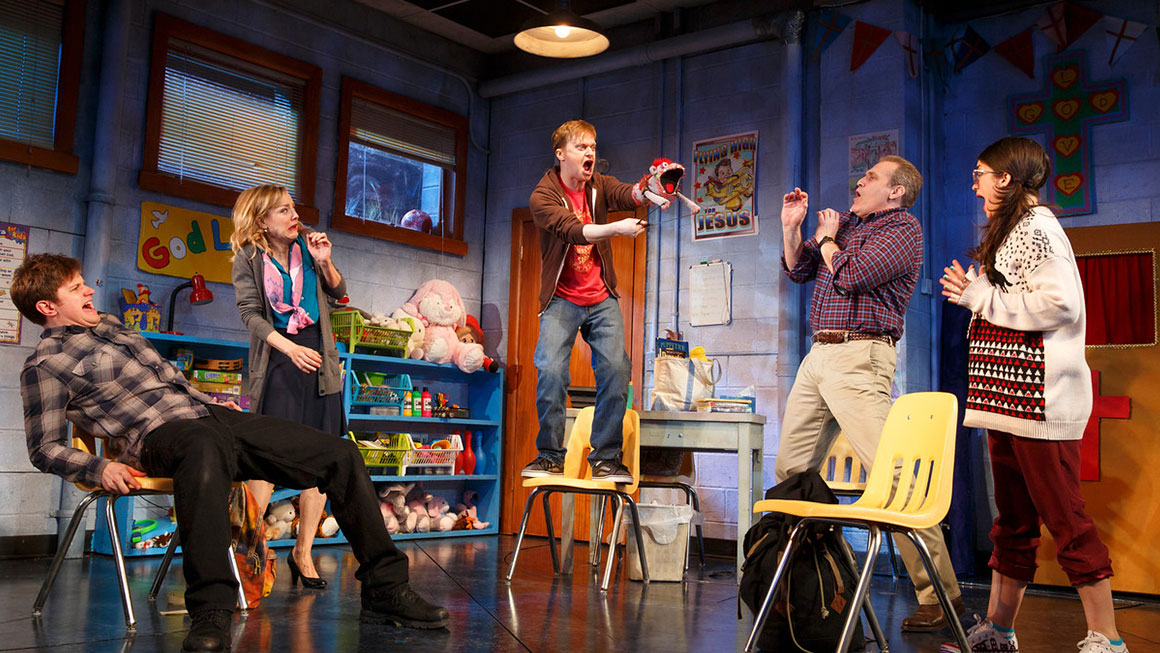 The characters become sexually attracted to each other. Jason's hand puppet, Tyrone, takes on a life of his own, announces that he is Satan, leads them into sin, and expresses secrets that the characters would rather have left unacknowledged. The play was produced Off-Broadway in 2011 and 2014 and on Broadway in 2015. The Broadway production received five Tony Award nominations, including for Best New Play. 