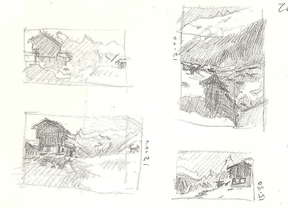 Thumbnail sketches, with time notes.