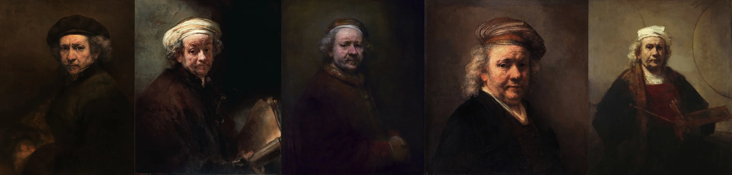 Self-portraits 1659, 1661, 1669, 1669, 1665-1669. Exhibited in this chronological order. When viewed all in line, what becomes obvious is the recurring set of colour motifs: White, yellow (gold), red, black. Influenced by the limited palette available at the time. They are all lit from the left, sitter facing right, except the first one in the series.
