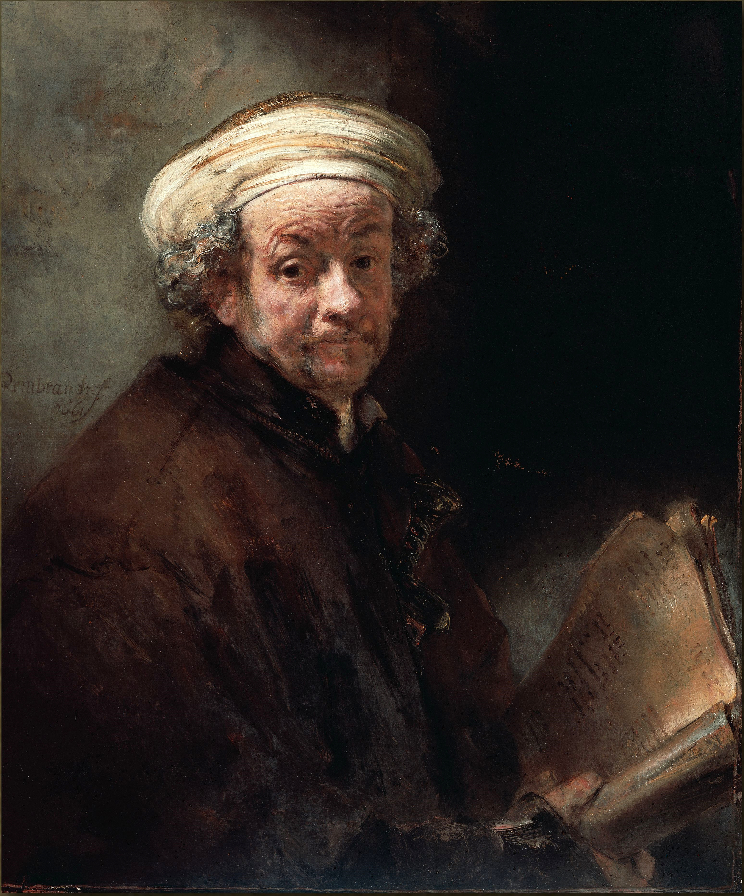 #2. As the Apostle Paul, 1661. Shadows on face are luminous, full of ochre, suggesting ambient reverberating light, perhaps from parchment in hand. Darkest accents are firstly the eyes, then eyebrows & nostrils. The shaft of light (from top left to bottom right) is enabled by passing through the white turban, unlike the previous painting, where the black cap interrupts it. In reproductions such as this one, it's obvious, but in the darkness of the museums, I had never noticed the dagger poking out of the jacket before.