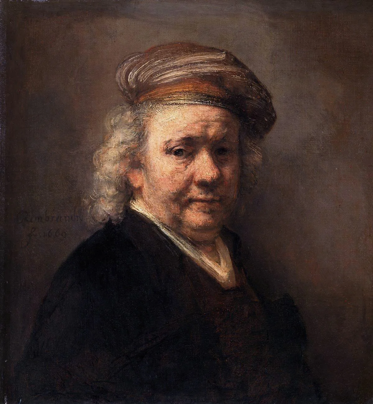 #4. 1669. Smoother in lights (cheek & temple area), less texture and dappled effects than previous ones. Surprising streaks of red in shadows, behind a cold mid-tone accent, and a red dash at the corner of nostril (on left), behind a cold accent on lid of nostril. Both of these go against the usual temperature manipulation of colour to make space recede or advance. Warm accent in corner of left eye socket.