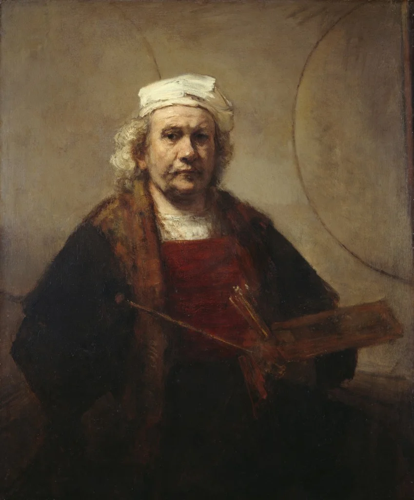 #5. With two circles, about 1665-1660. As far as technique is concerned, this seems like a mix of #3 and #4. The luminous shadow on the face darkens on the way down. It’s back to a textural surface, with some dappled passages. The white cap seems to be made of 3 or 4 thick brush strokes, and along with the white undershirt, frames the head from above and below.