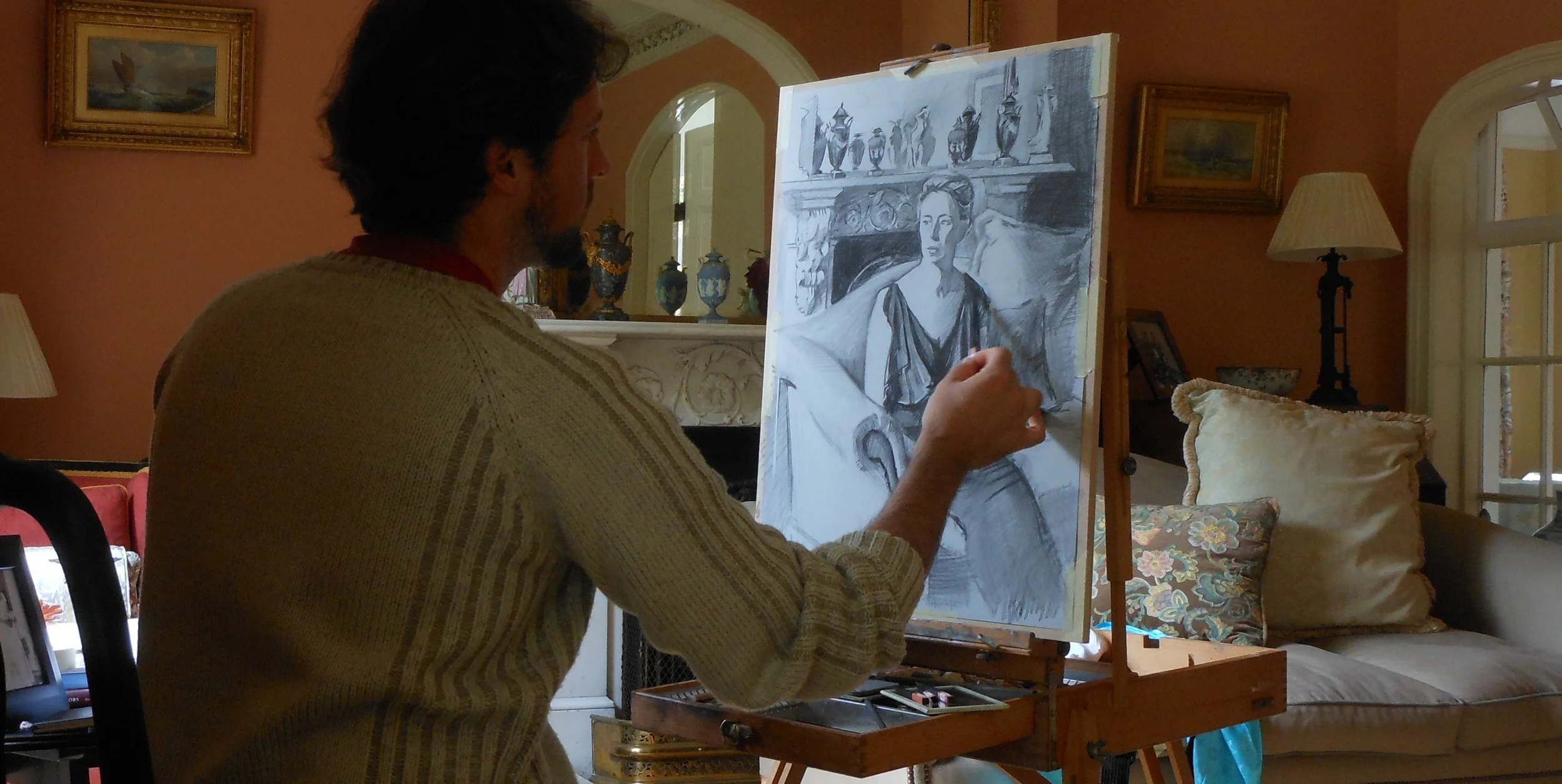 Working on a small preparatory compositional drawing
