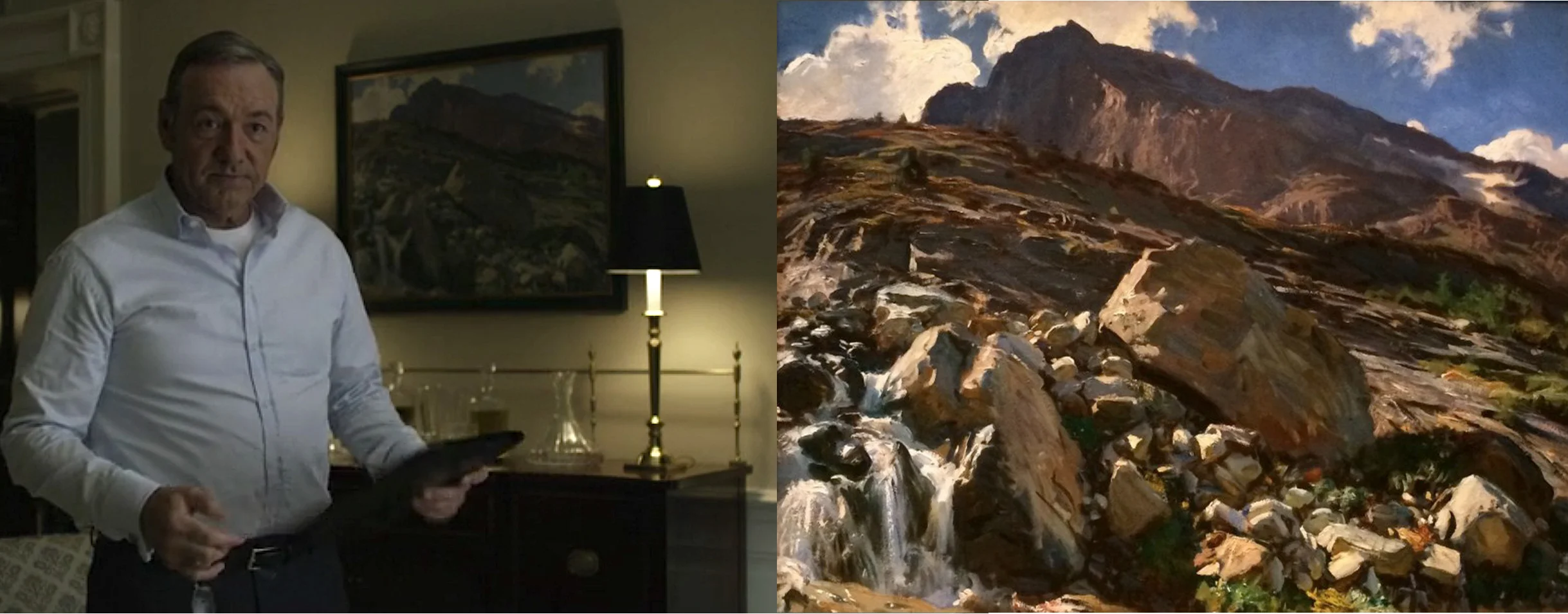 Frame on left: In background we see hanging Sargent"s painting of the Simplon Pass.